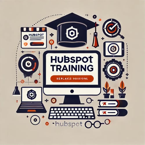 DALL·E 2024-07-10 12.39.57 - An image for a HubSpot Training page, where training services are offered to clients. Show a sleek and modern design with a HubSpot logo at the cent